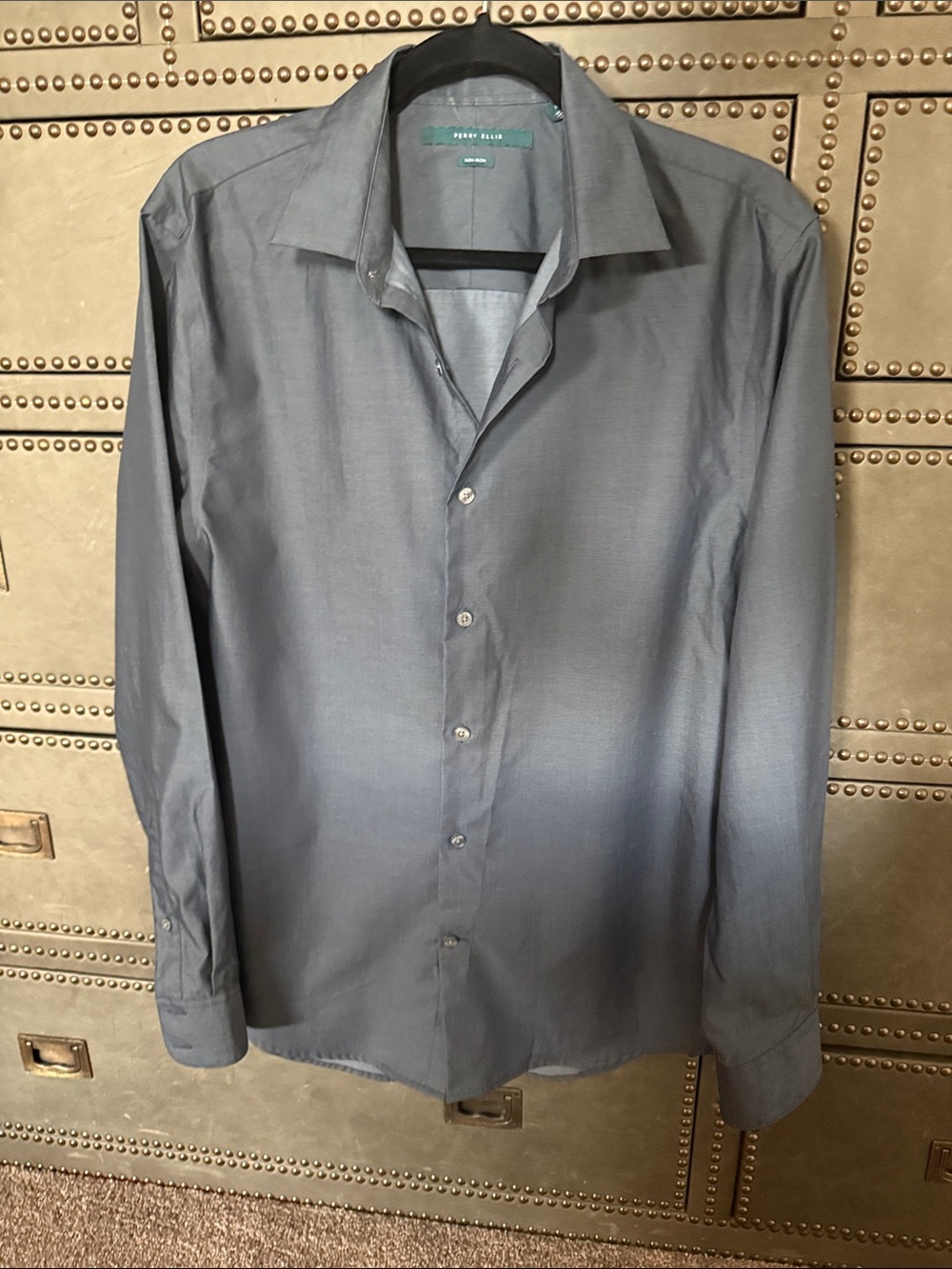 Perry Ellis 100% Cotton Slate Gray Long-Sleeve Dress Shirt